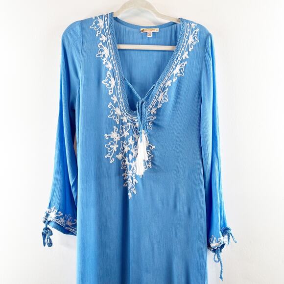 Rise and Bloom Embroidered Long Sleeve Tie Neck Maxi Dress Blue Medium - Picture 6 of 15